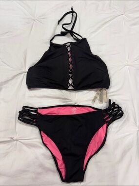 PINK Victoria's Secret Black Bikini with Pink Lining & Strappy Sides
